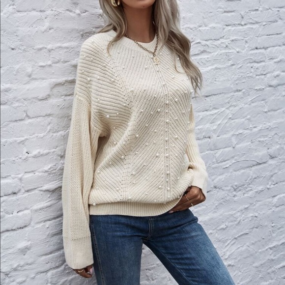 Beaded Pearl Oversized Knit Cream Sweater - Picture 2 of 8